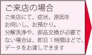 ご来店の場合ご来店にて、症状、原因をお伺いし、お預かり。分解洗浄や、部品交換が必要でない場合は、即日2時間〜半日ほどで、データをお渡しできます。